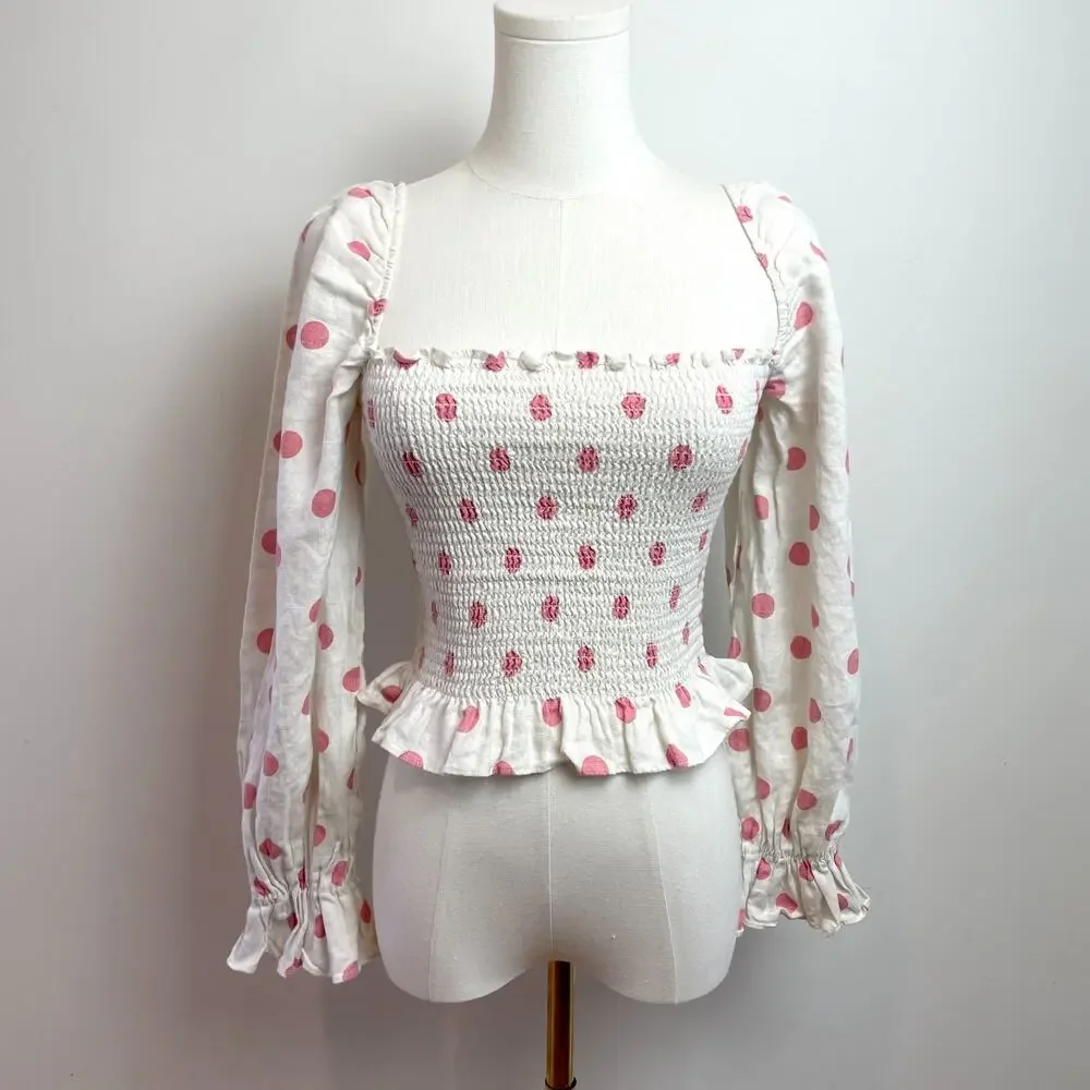 Reformation Polka Dot Puff Sleeve Linen Top Small Smocked‎ Feminine Coquette
